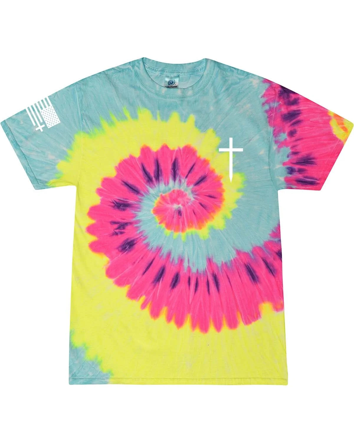 Mens Christian Shirt Faith Cross Crest American Flag Sleeve T-Shirt Graphic Tee-Blast Tie Dye-Xl