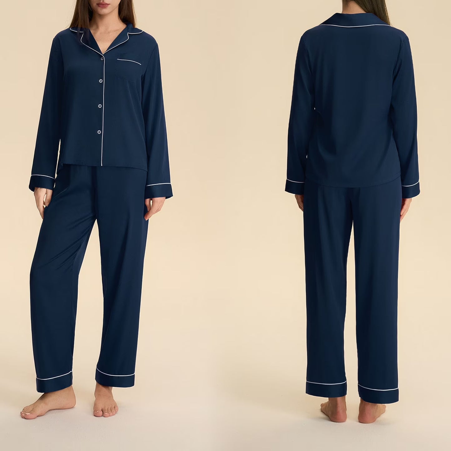 Matching Pajamas for Couples Valentines Cozy Button down Satin Sleepwear Shirts and Pants His and Hers Pajama Sets Comfy Lounge Set Navy XL