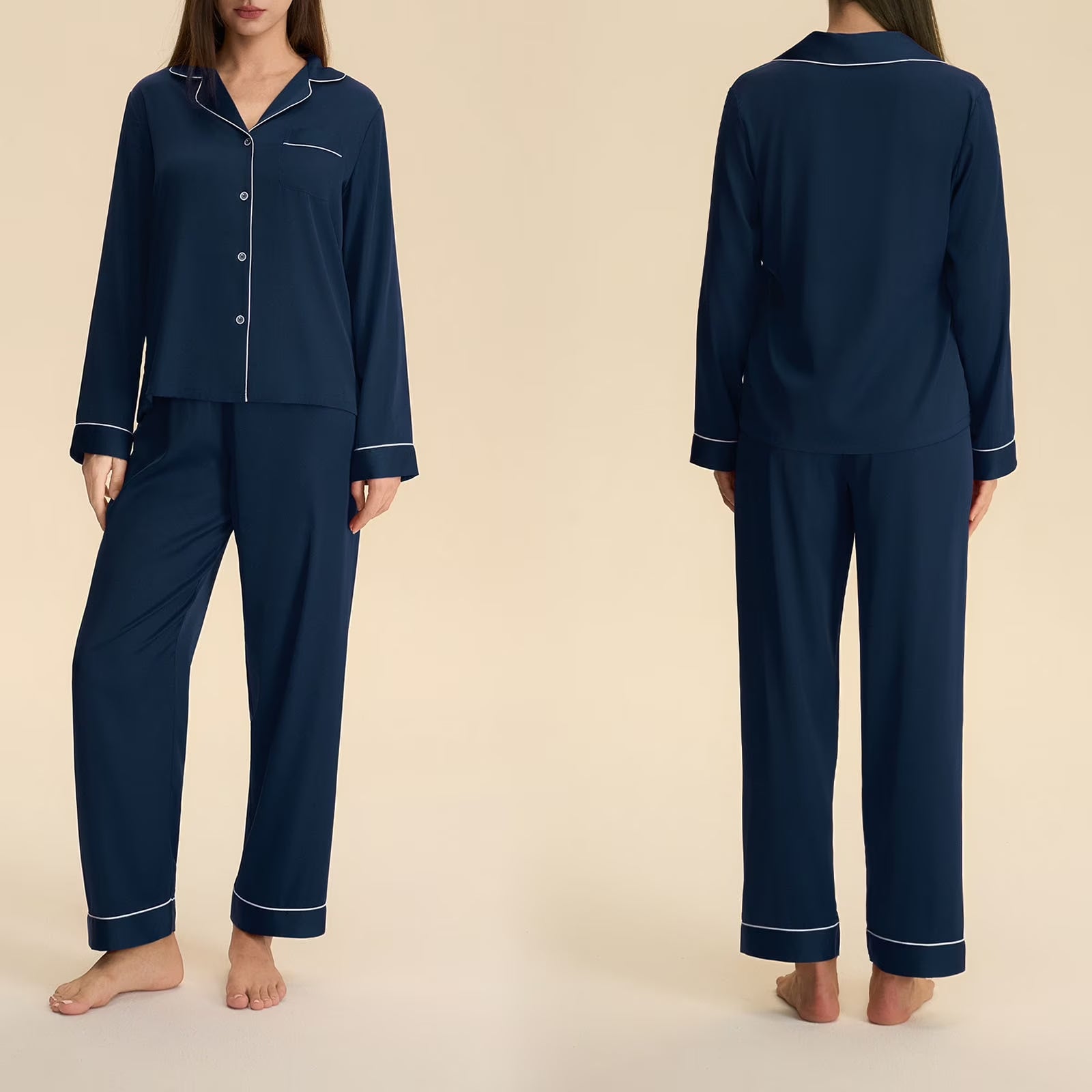 Matching Pajamas for Couples Valentines Cozy Button down Satin Sleepwear Shirts and Pants His and Hers Pajama Sets Comfy Lounge Set Navy XL