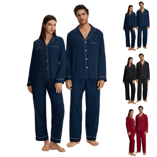 Matching Pajamas for Couples Valentines Cozy Button down Satin Sleepwear Shirts and Pants His and Hers Pajama Sets Comfy Lounge Set Navy XL