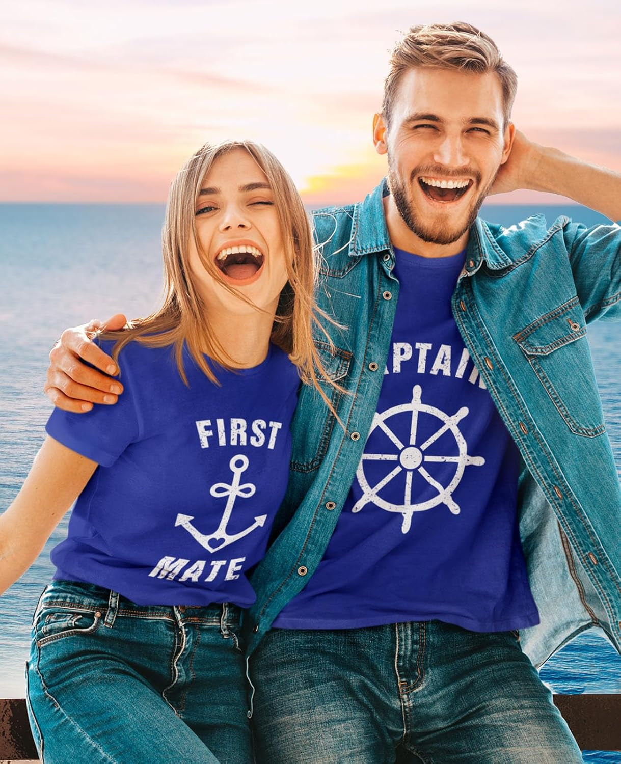 Funny Captain & First Mate Nautical Sailing Matching T-Shirts Set Couples Gift