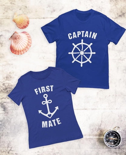 Funny Captain & First Mate Nautical Sailing Matching T-Shirts Set Couples Gift