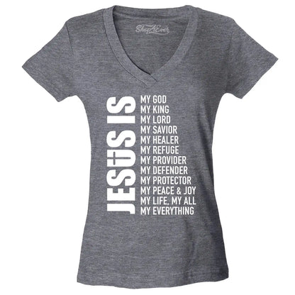 Jesus Is My Everything Women'S V-Neck T-Shirt Christian Church Faith Cross Tee