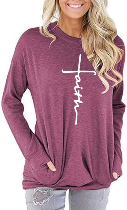 Women'S Faith Sweatshirt Loose Fit Long Sleeve Crewneck Christian Letter Print Tunic Tops with Pocket
