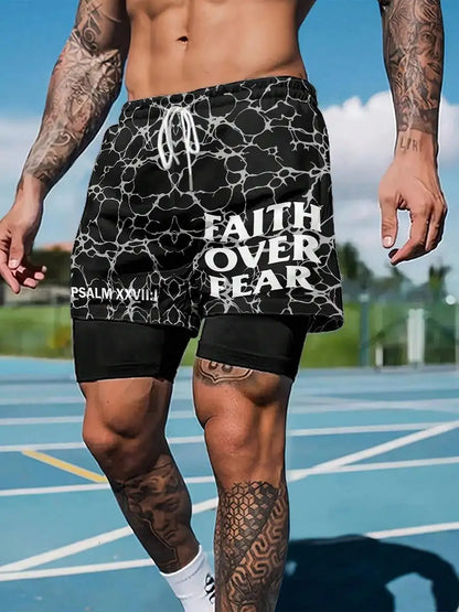 Mens 2-In-1 Printed Shorts Faith over Fear Quick-Dry Basketball Sportswear Street Style
