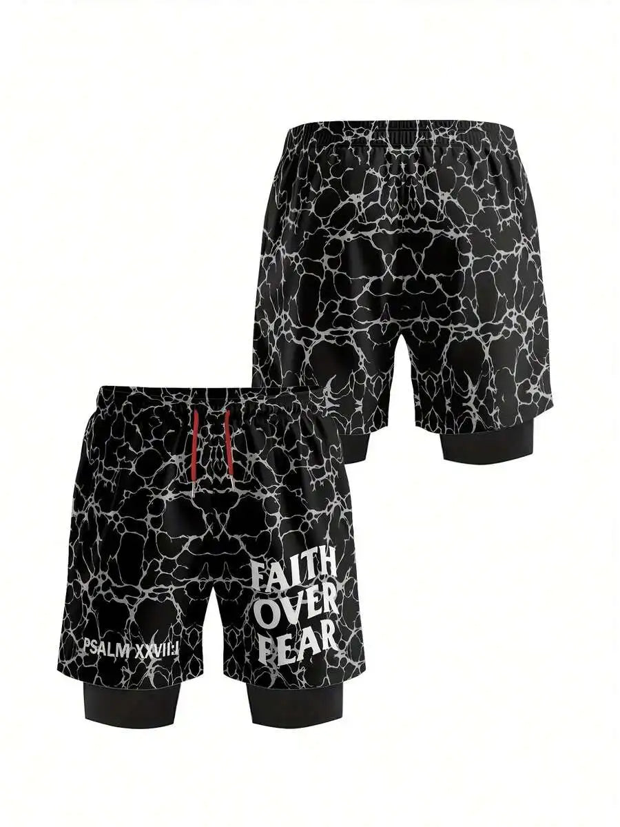 Mens 2-In-1 Printed Shorts Faith over Fear Quick-Dry Basketball Sportswear Street Style