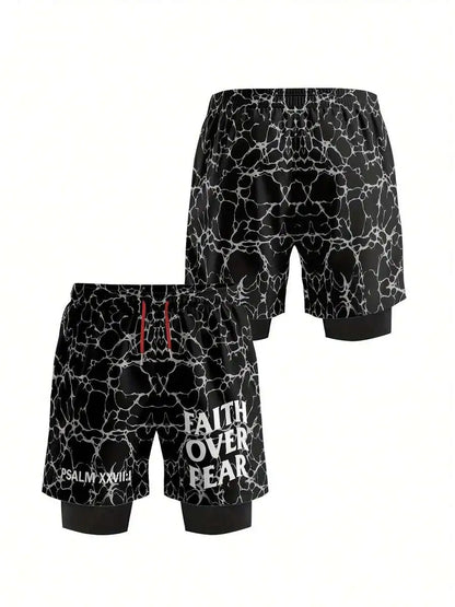 Mens 2-In-1 Printed Shorts Faith over Fear Quick-Dry Basketball Sportswear Street Style