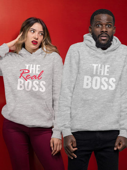 Matching Couple Hoodies - His and Hers the Boss & Real Boss Pullover Gift for Anniversary or Valentine'S Day