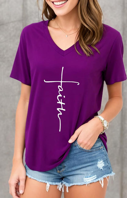 Women Faith T Shirts for Women V-Neck Graphic Tees Letter Printed T-Shirt Christian Tee Shirt