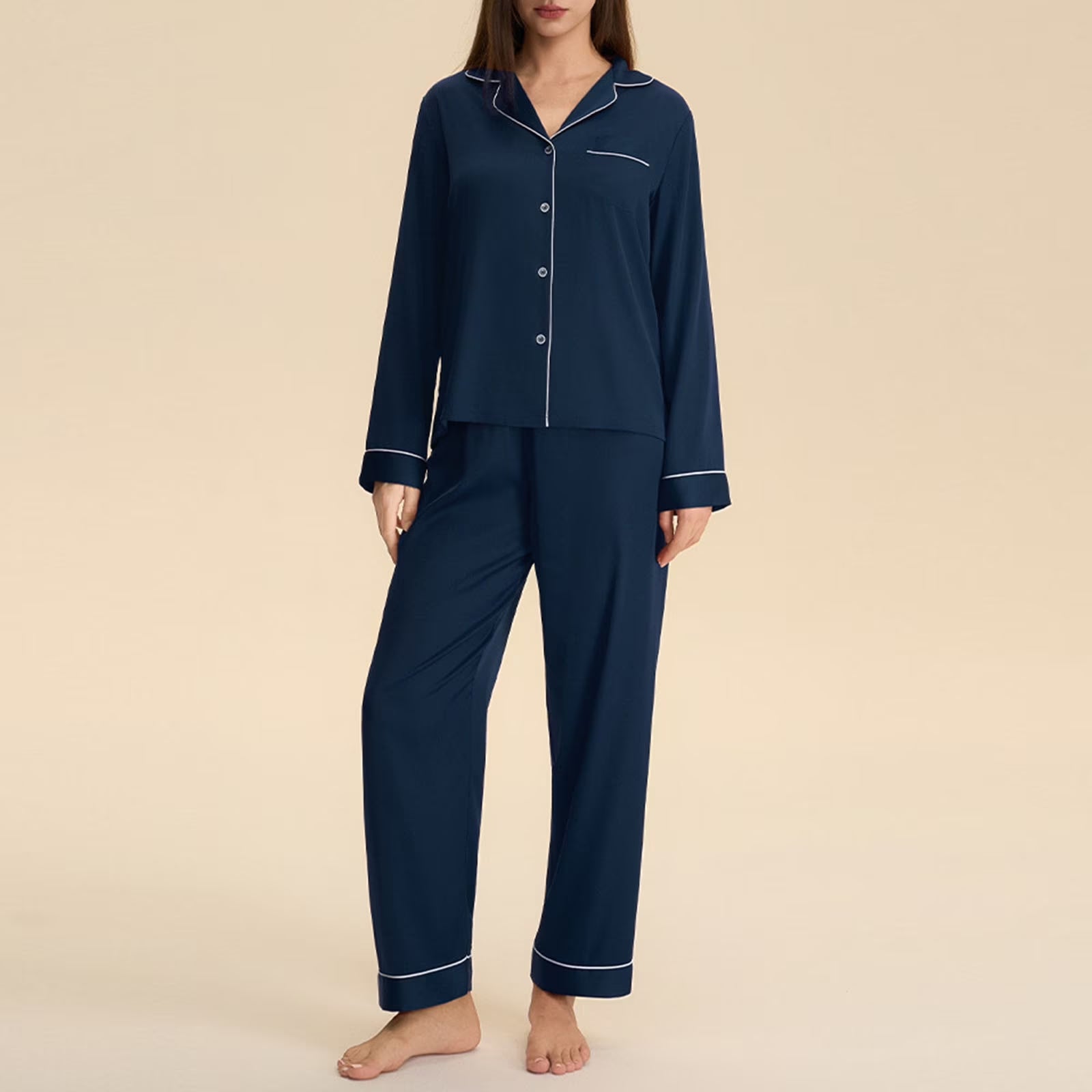 Matching Pajamas for Couples Valentines Cozy Button down Satin Sleepwear Shirts and Pants His and Hers Pajama Sets Comfy Lounge Set Navy XL
