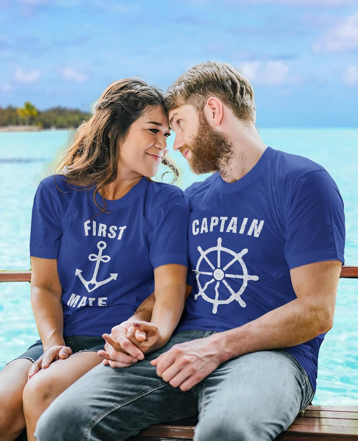 Funny Captain & First Mate Nautical Sailing Matching T-Shirts Set Couples Gift