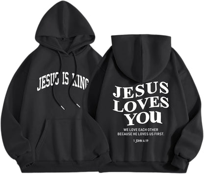 Christian Jesus Loves You Hoodies Women Religious Faith God Jesus Is King Sweatshirts Bible Verse Inspirational Tops