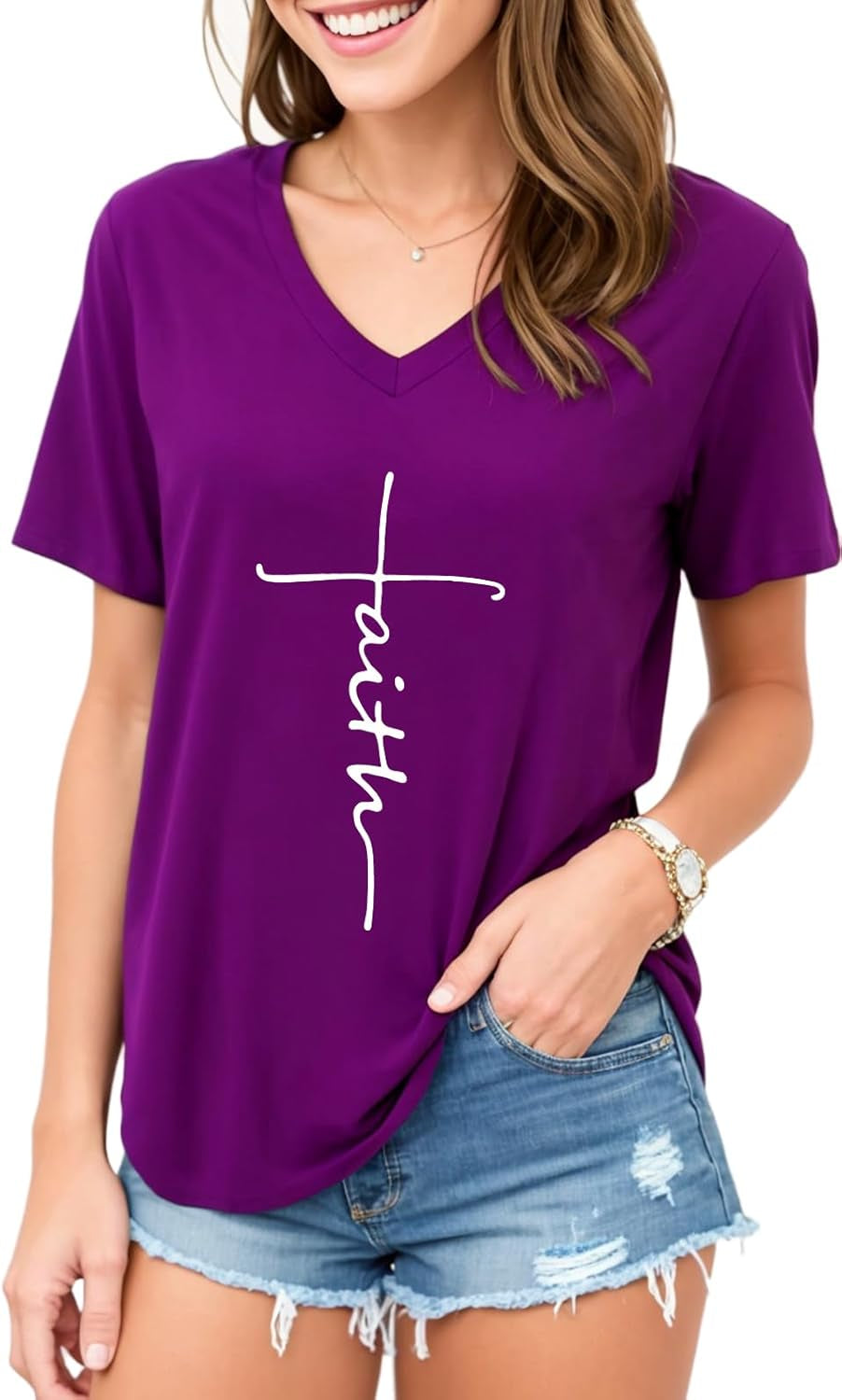 Women Faith T Shirts for Women V-Neck Graphic Tees Letter Printed T-Shirt Christian Tee Shirt