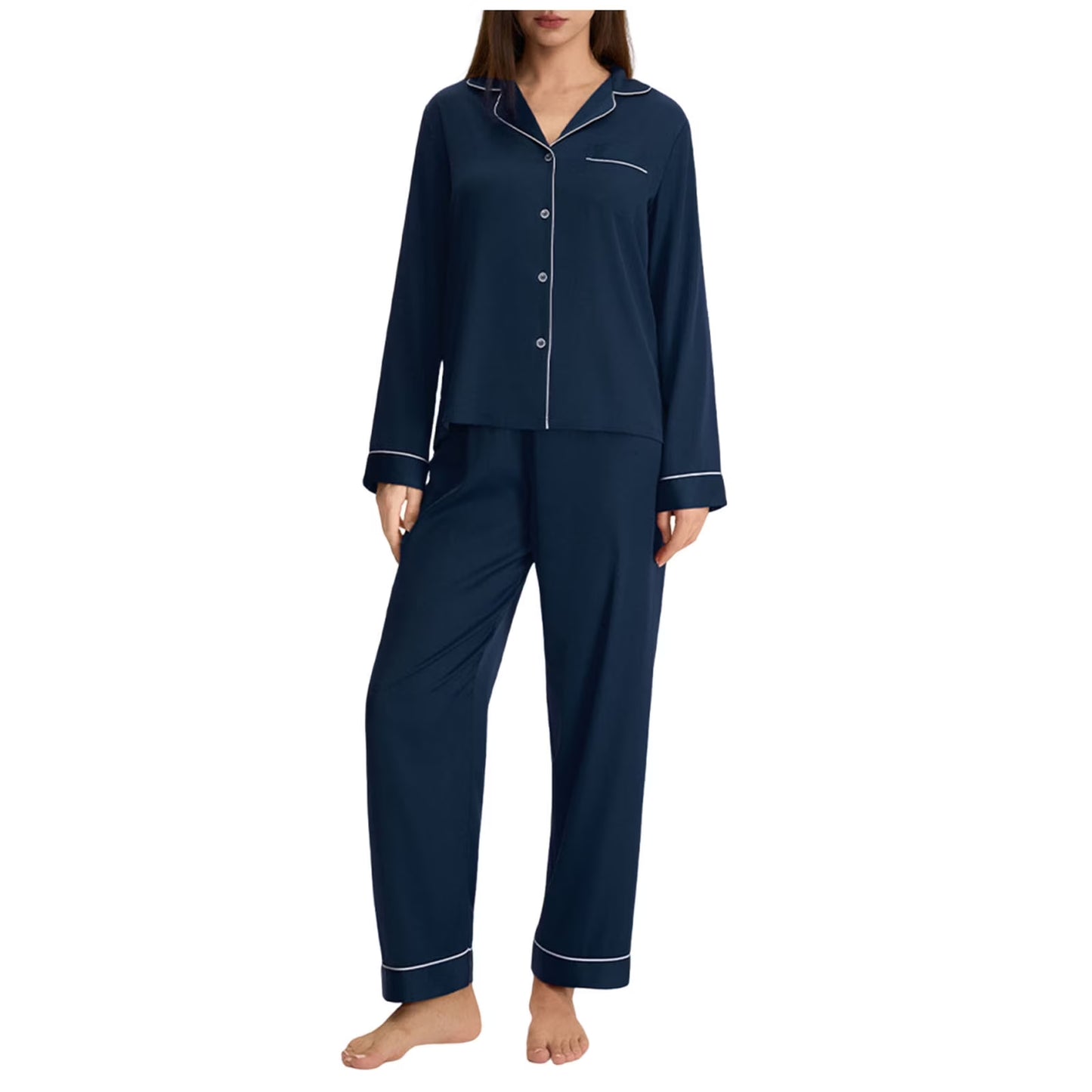 Matching Pajamas for Couples Valentines Cozy Button down Satin Sleepwear Shirts and Pants His and Hers Pajama Sets Comfy Lounge Set Navy XL