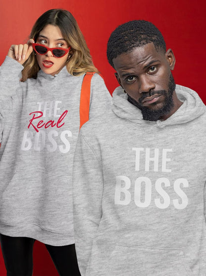 Matching Couple Hoodies - His and Hers the Boss & Real Boss Pullover Gift for Anniversary or Valentine'S Day