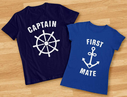 Funny Captain & First Mate Nautical Sailing Matching T-Shirts Set Couples Gift